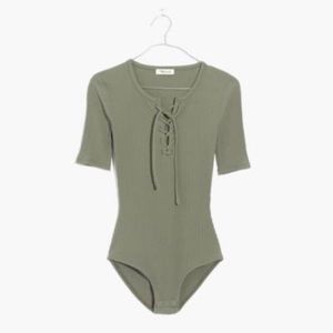 Madewell Green Ribbed Lace-Up Bodysuit